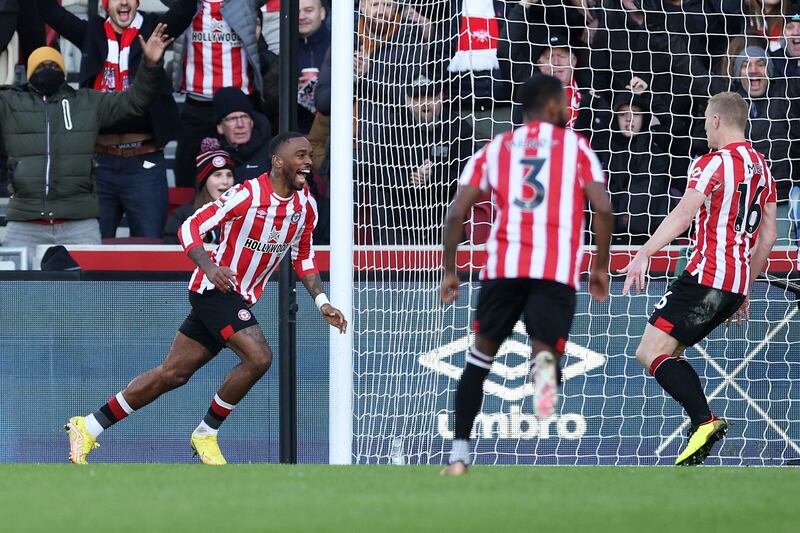 Ivan Toney celebrates after scoring Brentford's second goal against Tottenham. Getty