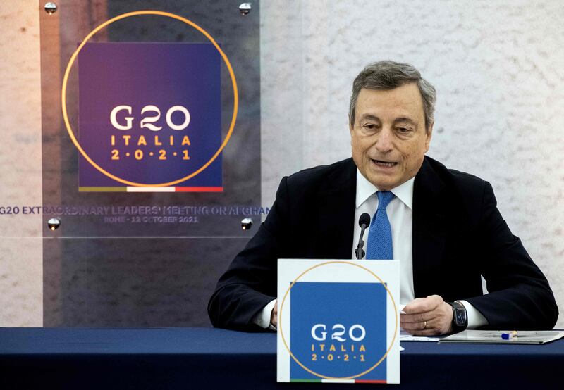 Italy's Prime Minister Mario Draghi speaking at a press conference following a G20 virtual summit earlier in October. AFP