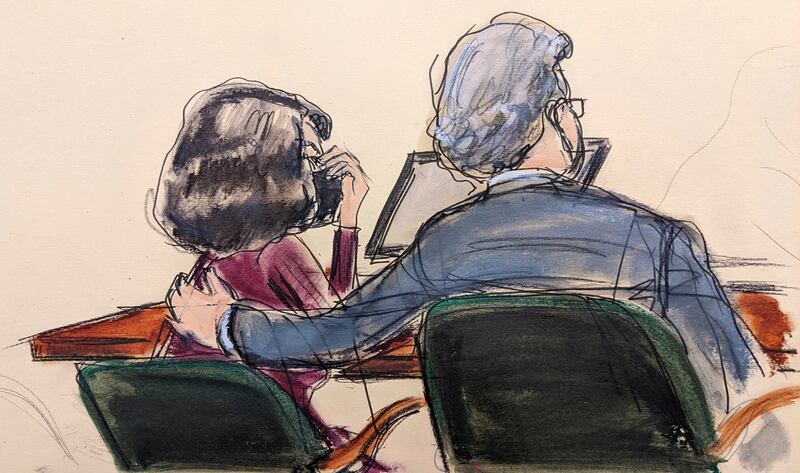 A courtroom sketch shows Ghislaine Maxwell, left, listening with her lawyer Jeffrey Pagliuca as a jury returns a guilty verdict in her sex trafficking trial in New York.  AP