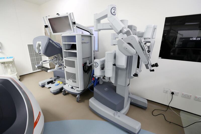 Abu Dhabi, United Arab Emirates - November 14, 2019: A robot that perform basic operations. Operation Rooms. Tour around new Sheikh Shakhbout hospital. Thursday the 14th of November 2019. Sheikh Shakbout Medical City, Abu Dhabi. Chris Whiteoak / The National