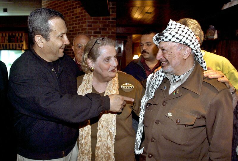 In this July 2000 photo, Ehud Barak, left, is pictured alongside Madeleine Albright, US secretary of state at the time, and Palestinian leader Yasser Arafat at Camp David, Maryland. AFP