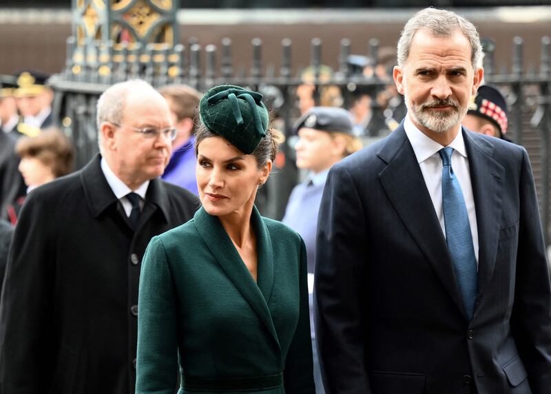 Spain's Felipe VI and Queen Letizia arrive to attend a Service of Thanksgiving for Britain's Prince Philip, Duke of Edinburgh, at Westminster Abbey in central London. AFP