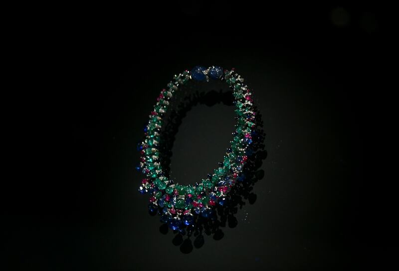 Hindu necklace, Cartier Paris, 1936, altered in 1963. Platinum, gold, diamond, sapphire, emerald and ruby 