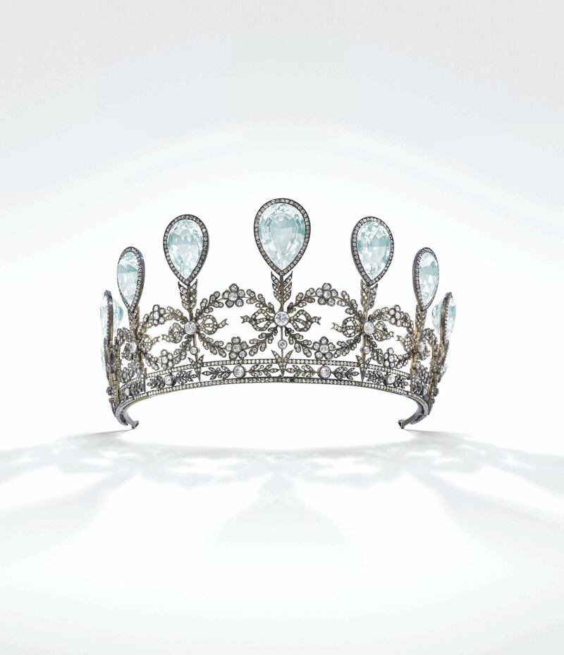 Aquamarine Faberge tiara with cupid's arrows and forget-me-not flowers gifted by Frederick Francis IV, Grand Duke of Mecklenburg-Schwerin, to his bride Princess Alexandra of Hanover and Cumberland. Photo: Christie's