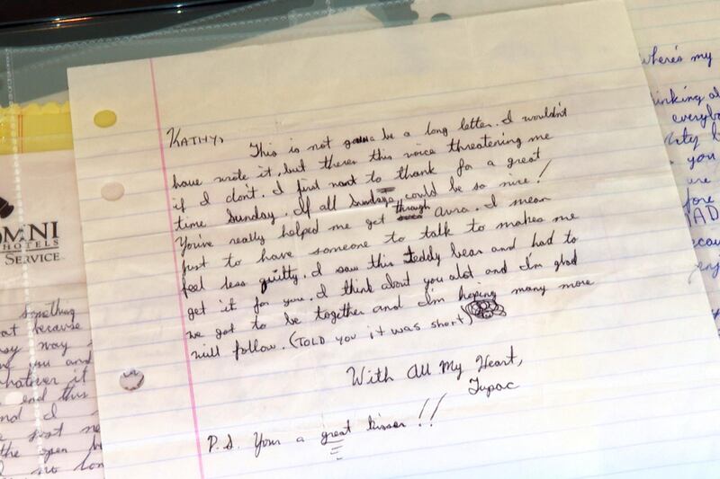 Autographed love letters written by Tupac Shakur at the age of 16 to a high school sweetheart are on display at Sotheby's in New York. Shakur wrote the letters in 1987 and 1988 to Kathy Loy, a fellow student at the Baltimore School for the Arts. AP photo