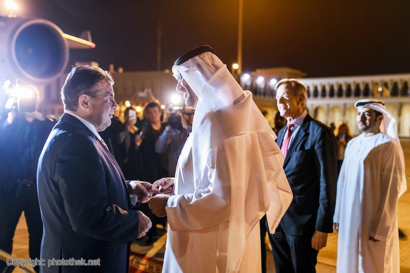 German foreign minister Sigmar Gabriel arrives in Abu Dhabi and is met by UAE minister of state Dr Sultan Al-Jaber PHOTO COURTESY OF THE GERMAN FOREIGN MINISTRY
