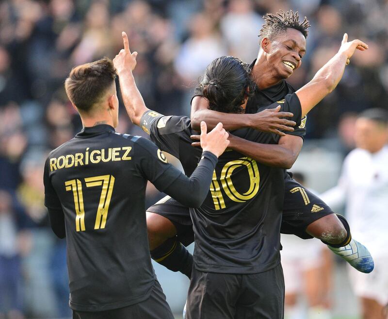 Los Angeles FC forward Carlos Vela (10) celebrates his goal. Reuters