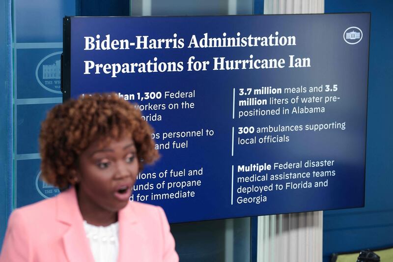 White House press secretary Karine Jean-Pierre details the Hurricane Ian response. AFP