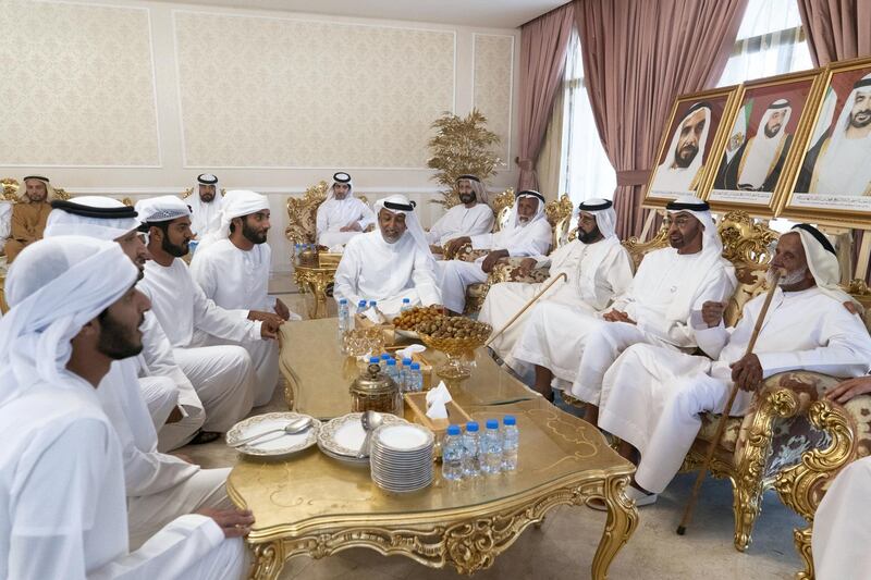 ABU DHABI, UNITED ARAB EMIRATES - January 19, 2019: HH Sheikh Mohamed bin Zayed Al Nahyan, Crown Prince of Abu Dhabi and Deputy Supreme Commander of the UAE Armed Forces (2nd R), attends a lunch reception hosted by Jumaa Saeed Al Amimi (5th L). Seen with HH Sheikh Tahnoon bin Mohamed Al Nahyan, Ruler's Representative in Al Ain Region (3rd L) and HH Sheikh Hazza bin Tahnoon Al Nahyan, Undersecretary to the Ruler's Representative in Al Ain Region (back C).

( Mohamed Al Baloushi for the Ministry of Presidential Affairsi )
---