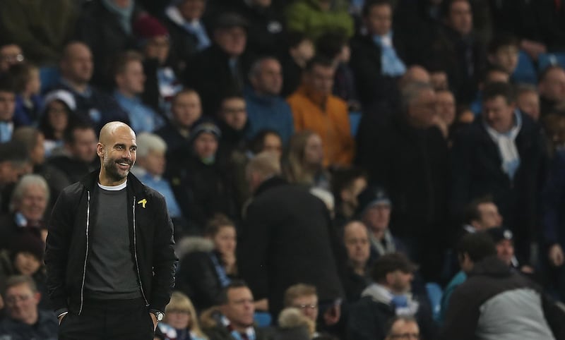 MANCHESTER, ENGLAND - DECEMBER 23:  Josep Guardiola, manager of Mancester City looks on during the Premier League match between Manchester City and AFC Bournemouth at Etihad Stadium on December 23, 2017 in Manchester, England.  (Photo by Matthew Lewis/Getty Images)