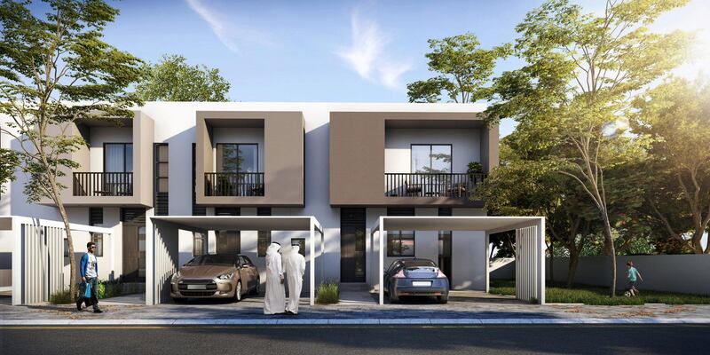 Street view of the Bareem Townhouses at Nasma Residences. Courtesy Arada