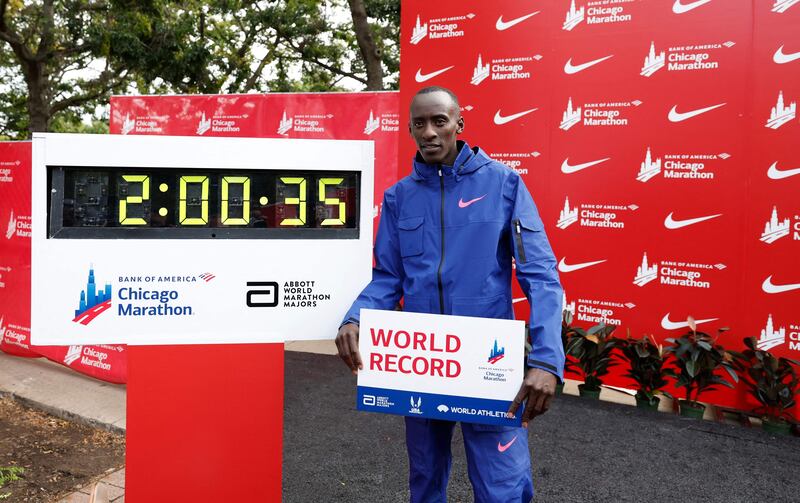 Kenya's Kelvin Kiptum celebrates winning the 2023 Chicago Marathon in Chicago, Illinois, in a world record time of two hours and 35 seconds on October 8, 2023. AFP