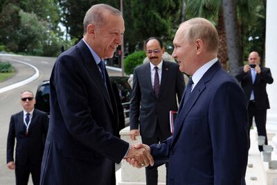 Russian President Vladimir Putin welcomes Turkish President Recep Tayyip Erdogan to a meeting in Sochi, Russia. Reuters