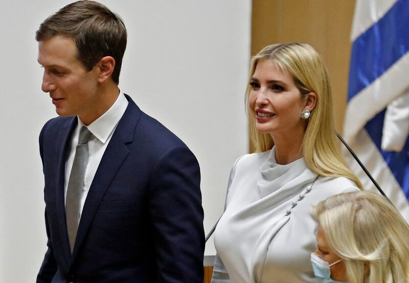 Mr Kushner and Ms Trump at the inaugural Abraham Accords Caucus at the Knesset in Israel. AFP