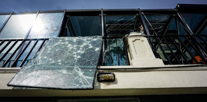 The shattered windows of the Kingsbury Hotel after Sunday's suicide bomb blast in Colombo, Sri Lanka, April 22, 2019. Jack Moore / The National. 

