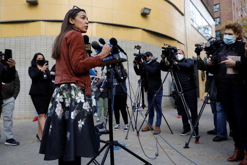 Congresswoman Alexandria Ocasio-Cortez addresses media as she arrives to vote early at a polling station in The Bronx, New York City, U.S.  Reuters