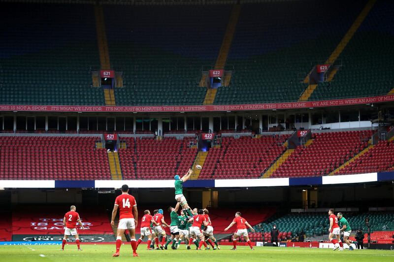 Ireland win a line out in front of empty stands during the Six Nations match against Wales at the Principality Stadium, Cardiff, on Sunday February 7, 2021. Wales won the match 21-16. PA