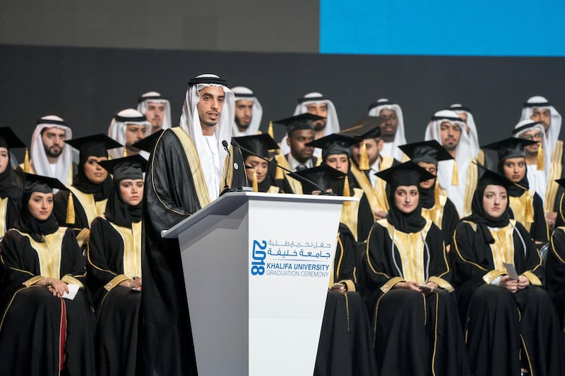 ABU DHABI, UNITED ARAB EMIRATES - October 07, 2018: HH Sheikh Mohamed bin Khalifa bin Khaled Al Nahyan, delivers a speech during the 2018 Khalifa University Graduation ceremony at the Abu Dhabi National Exhibition Centre (ADNEC).

( Rashed Al Mansoori / Crown Prince Court - Abu Dhabi )
---