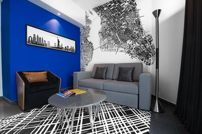 The lounge area of a room at the Tryp by Wyndham Barsha Heights in Dubai. Tryp by Wyndham