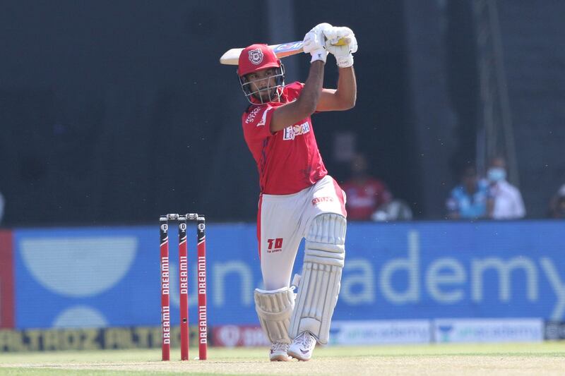 Mayank Agarwal of Kings XI Punjab plays a shot during match 53 of season 13 of the Dream 11 Indian Premier League (IPL) between the Chennai Super Kings and the Kings XI Punjab at the Sheikh Zayed Stadium, Abu Dhabi  in the United Arab Emirates on the 1st November 2020.  Photo by: Pankaj Nangia  / Sportzpics for BCCI