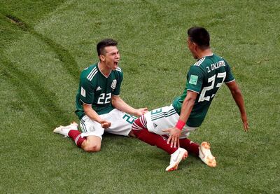 Soccer Football - World Cup - Group F - Germany vs Mexico - Luzhniki Stadium, Moscow, Russia - June 17, 2018   Mexico's Hirving Lozano celebrates scoring their first goal with Jesus Gallardo             REUTERS/Christian Hartmann     TPX IMAGES OF THE DAY