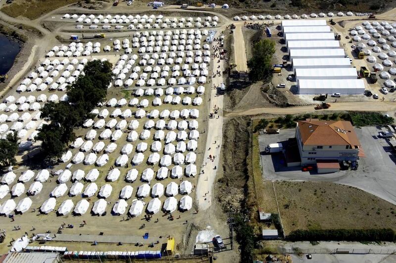 An aerial view of the new temporary camp near Kara Tepe on Lesbos island, Greece, 18 September 2020. Another 2,000 refugees and migrants were settled into the new temporary hosting facility at Kara Tepe.  EPA