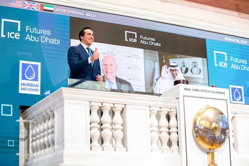 The New York Stock Exchange celebrates the launch of ICE Futures Abu Dhabi   The New York Stock Exchange celebrates, today, Monday, March 29, 2021, the launch of ICE Futures Abu Dhabi (“IFAD”) markets, ICE’s new exchange in Abu Dhabi. To honor the occasion, Jeffrey Sprecher, Chairman and Chief Executive Officer, Intercontinental Exchange, Chairman, New York Stock Exchange, and H.E. Dr. Sultan Al Jaber, Chief Executive Officer, ADNOC Group, virtually ring The Opening Bell®. 
 
(Bell Ringer –  John Tuttle, NYSE Vice Chairman and Chief Commercial Officer )
 
Photo Credit: NYSE