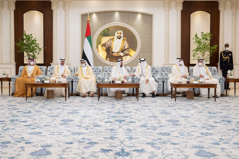 Sheikh Mohamed bin Zayed, Crown Prince of Abu Dhabi and Deputy Supreme Commander of the Armed Forces, third right, speaks with Sheikh Dr Sultan bin Muhammad Al Qasimi, Ruler of Sharjah, fourth left, during an Eid Al Fitr reception, at Mushrif Palace. Sheikh Mohammed bin Rashid, Vice President and Ruler of Dubai,third left, Sheikh Hamad bin Mohammed Al Sharqi, Ruler of Fujairah, second left, Sheikh Saud bin Saqr Al Qasimi, Ruler of Ras Al Khaimah, second right,  Sheikh Saud bin Rashid Al Mualla, Ruler of Umm Al Quwain, right, and Sheikh Ammar bin Humaid Al Nuaimi, Crown Prince of Ajman, left, are also in attendance. Photo: Hamad Al Kaabi / Ministry of Presidential Affairs