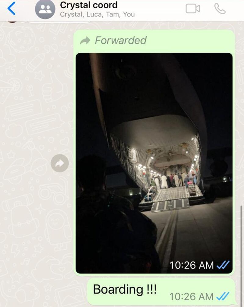 A WhatsApp message sent by Ms Bayat as she boarded the plane at Kabul airport. Photo: Dan Druhora