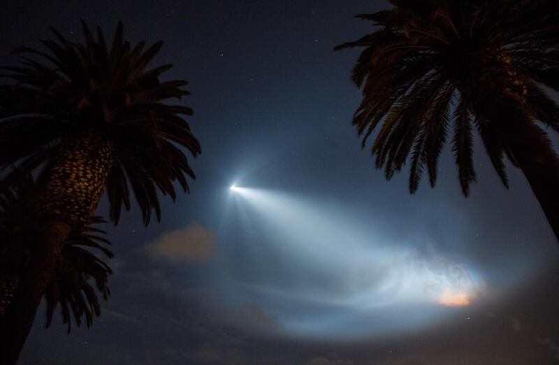 A SpaceX Falcon 9 rocket lights up the sky after its launch from Vandenberg Air Force base as seen in the sky over Corona del Mar, California. EPA