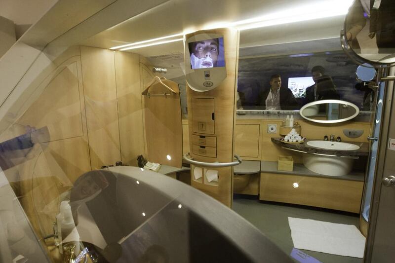 The region’s big three airlines of Dubai, Abu Dhabi and Doha displayed their increasingly luxurious business and first class cabins at the Arabian Travel Market. Above, a mockup of shower spa from the Airbus A380 fleet of Emirates Airline. Jaime Puebla / The National