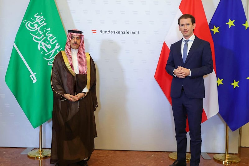 Saudi Foreign Minister Prince Faisal bin Farhan with the Chancellor of Austria Sebastian Kurz. SPA