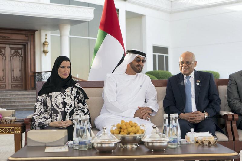 ABU DHABI, UNITED ARAB EMIRATES - February 26, 2018: HH Sheikh Mohamed bin Zayed Al Nahyan, Crown Prince of Abu Dhabi and Deputy Supreme Commander of the UAE Armed Forces (C), meets with Dr Ali Abdel Aal, Speaker of the Egyptian House of Representatives (L), during a Sea Palace barza. Seen with HE Dr Amal Abdullah Al Qubaisi, Speaker of the Federal National Council (FNC) (L).
( Rashed Al Mansoori / Crown Prince Court - Abu Dhabi )
---