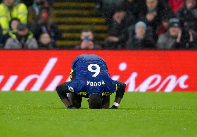 Manchester United's Paul Pogba celebrates after scoring his side's opening goal during the Premier League game against Burnley at Turf Moor in February 2022. AP 