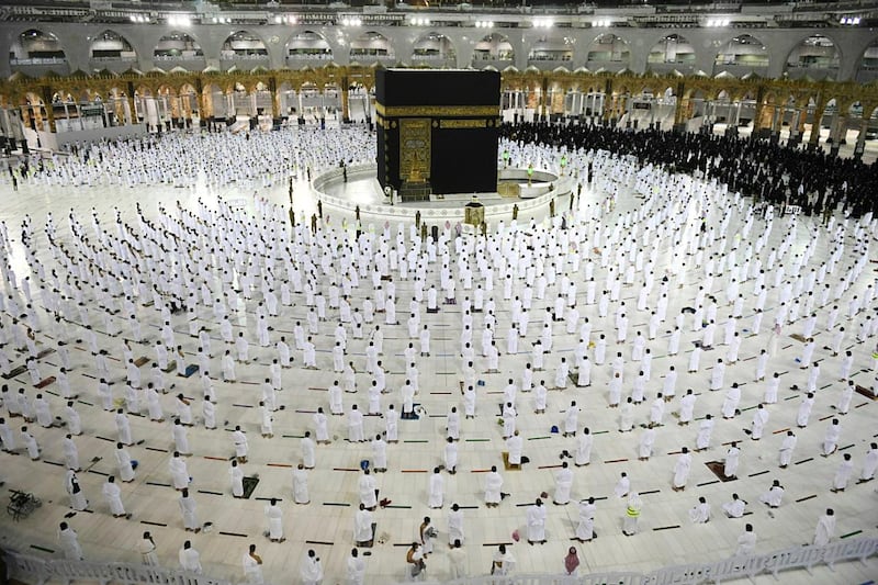 Social distancing precautions in around the Kaaba in the Great Mosque of Makkah, Saudi Arabia.