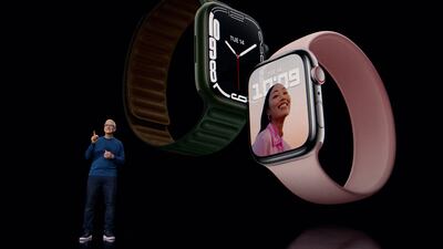 Mr Cook unveils the Apple Watch 7 during a special event on Tuesday. AFP.