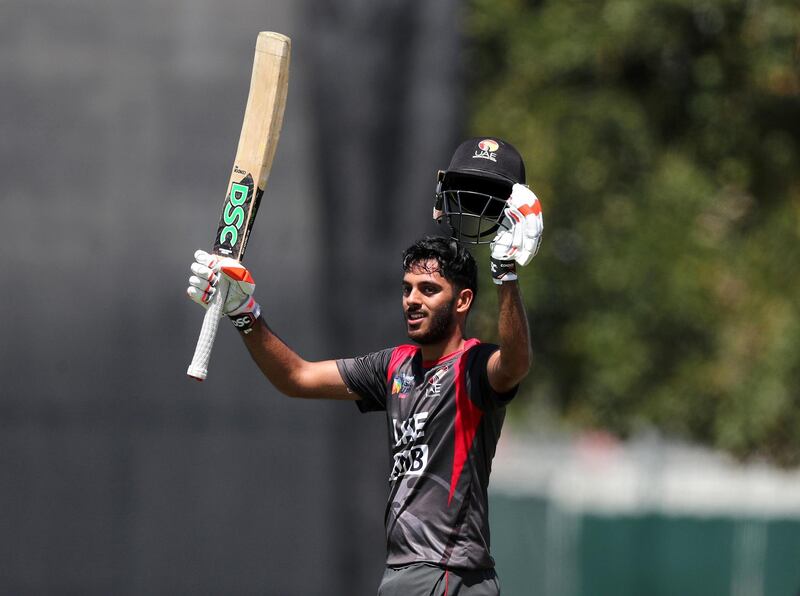 Dubai, United Arab Emirates - March 20, 2019: UAE's Chirag Suri makes 100 during the game between UAE and Surrey. Wednesday the 20th of March 2019 ICC cricket academy, Dubai. Chris Whiteoak / The National