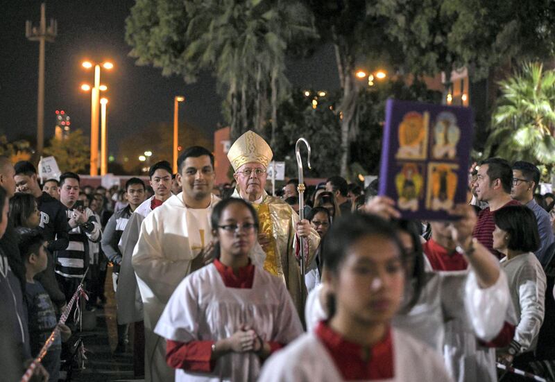 Abu Dhabi, United Arab Emirates - Paul Hinder, Catholic Bishop of Southern Arabia arrives for the last day of Filipino mass at St. JosephÕs Cathedral in Mushrif. Khushnum Bhandari for The National