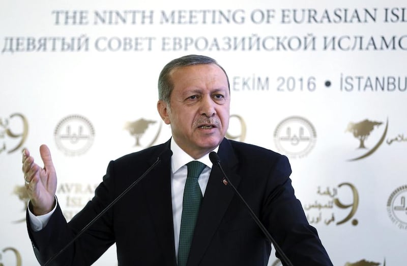 Turkish President Recep Tayyip Erdogan speaking at a meeting on Islam in Eurasia in Istanbul, Tuesday, October. 11, 2016. Erdogan says his country is determined to take part in a possible operation to recapture the Iraqi city of Mosul despite objections from Iraq. Kayhan Ozer, Presidential Press Service / AP