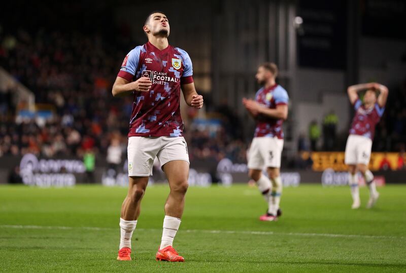 Anass Zaroury of Burnley reacts after missing an opportunity on goal. Getty Images