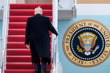 President Donald Trump boards Air Force One in Andrews Air Force Base, en route to a campaign rally in Wildwood, New Jersey, on Tuesday, January 28, 2020.. (AP Photo/Michael McCoy
