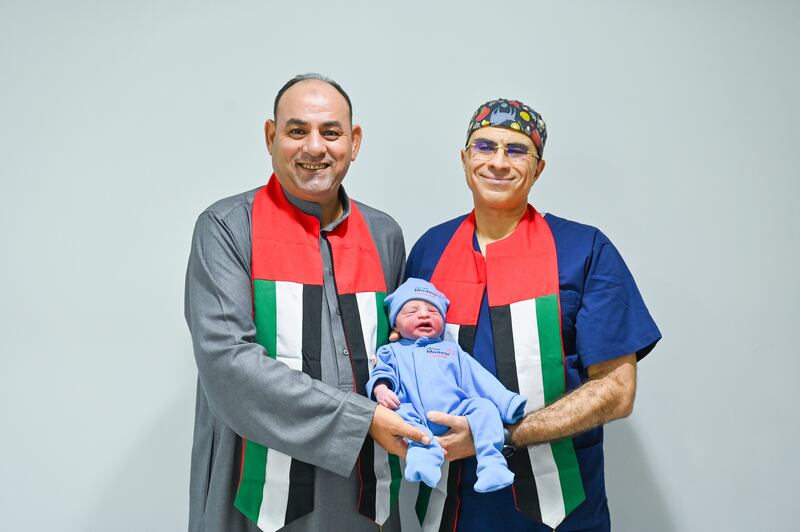 Baby Zayed with his father Mahmoud Muhareb and Dr Walid El-Sherbiny of Medeor Hospital, Abu Dhabi. Supplied