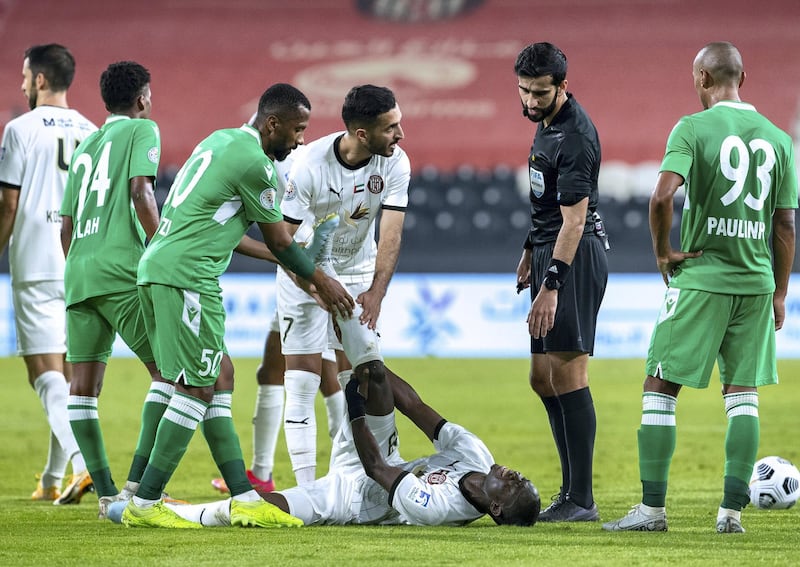 Arabian Gulf League final round: Al Jazira v Khorfakkan at Mohamed bin Zayed stadium.  
An injured Jazira player in the second half on May 11th, 2021. Victor Besa / The National.