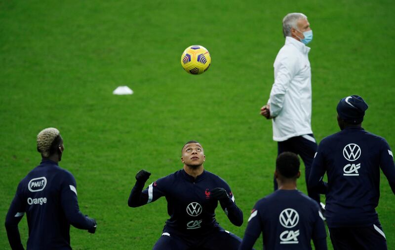 Kylian Mbappe and his teammates take part in a training session at the Stade de France ahead of the Uefa Nations League match between France and Sweden. AFP