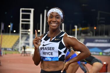 epa09234301 Shelly-Ann Fraser-Pryce of Jamaica celebrates after the 100m Women final race at the Doha Diamond League athletics meeting at Qatar Sports Club in Doha, Qatar, 28 May 2021. EPA/Noushad Thekkayil