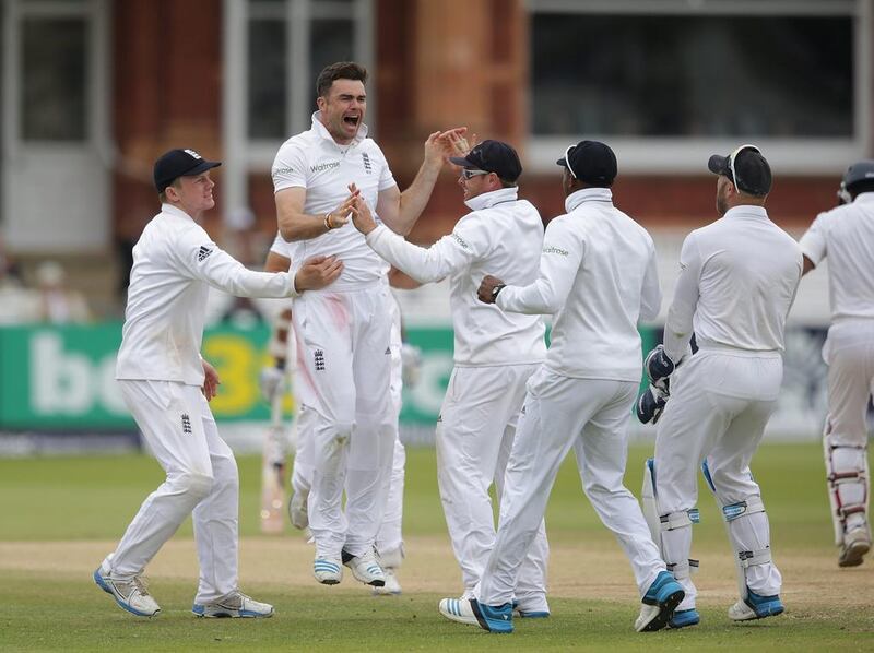 James Anderson, second from left, impressed on a flat wicket and picked four wickets to spark a collapse in the middle of Sri Lanka's innings. Tom Shaw/Getty Images