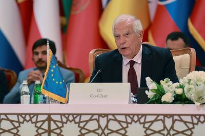 Josep Borrell addresses a joint GCC-EU meeting in Muscat, where he called for 'sustained aid' for Palestinians. AFP