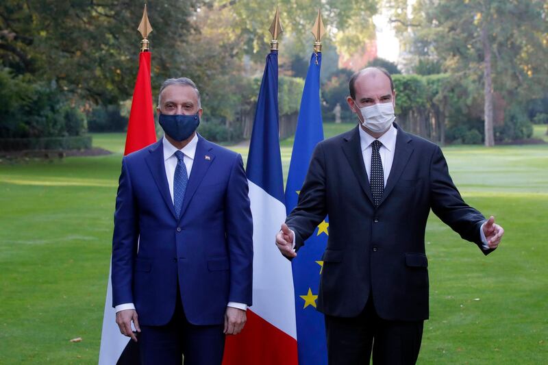 French Prime Minister Jean Castex welcomes Iraqi Prime Minister Mustafa al-Kadhimi for talks in Paris, France.  EPA