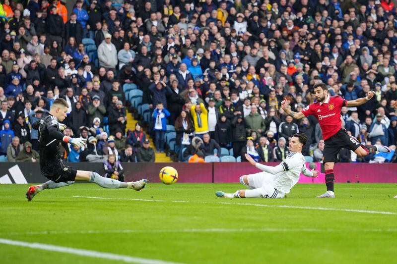 Leeds United's goalkeeper Illan Meslier saves from Manchester United's Bruno Fernandes. AP 