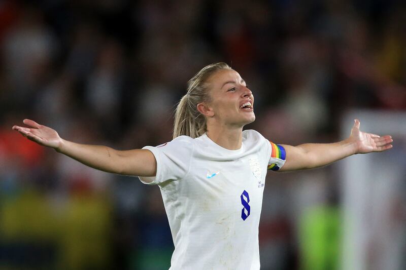 England's midfielder Leah Williamson celebrates after the match. AFP